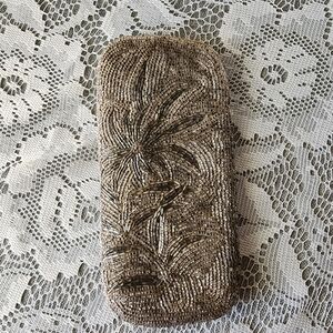 Vintage 1950s Beaded Eyeglass Case Silver Bronze Floral Glass Beads Handmade MCM